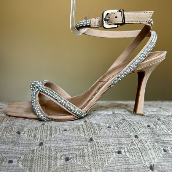 Anthropologie Vicenza Deena Nude Beige  Crystal Embellished Heeled Sandal Size 7 - Picture 1 of 16